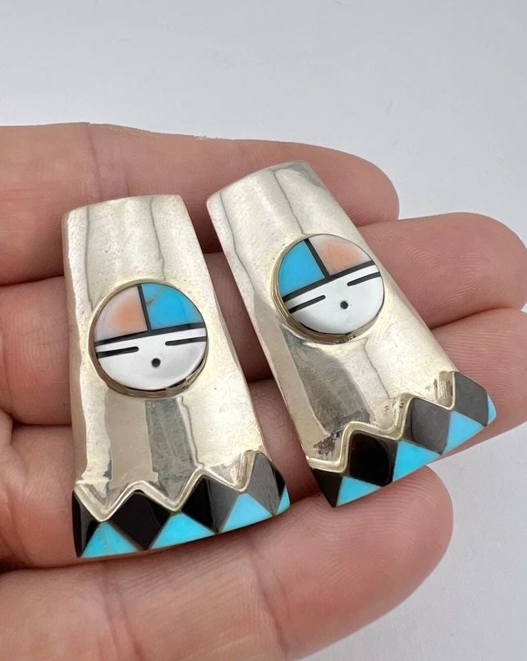VTG NAVAJO STERLING SILVER FLUSH MULTI GEMSTONE SUNFACE POST EARRINGS 1 5/8" (1 of 2)