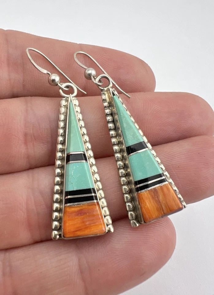 VTG NAVAJO STERLING SILVER SPINY OYSTER TURQUOISE JET TRIANGLE POST EARRINGS 2": VTG NAVAJO STERLING SILVER SPINY OYSTER TURQUOISE JET TRIANGLE POST EARRINGS 2" Vtg Navajo Sterling Silver Spiny Oyster Turquoise Jet Triangle Post Earrings 2" Size: 2" Tall With Dangle & Over 1/2" Wi