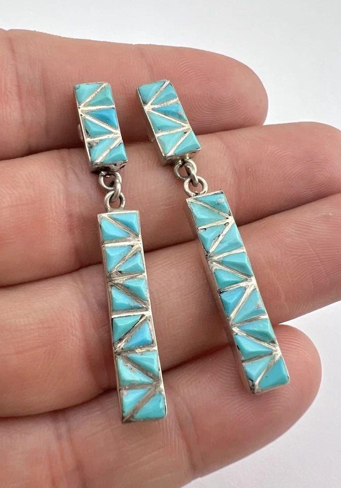 VTG ZUNI STERLING SILVER FLUSH TURQUOISE FISHSCALE INLAY POST DANGLE EARRINGS 2" (1 of 2)