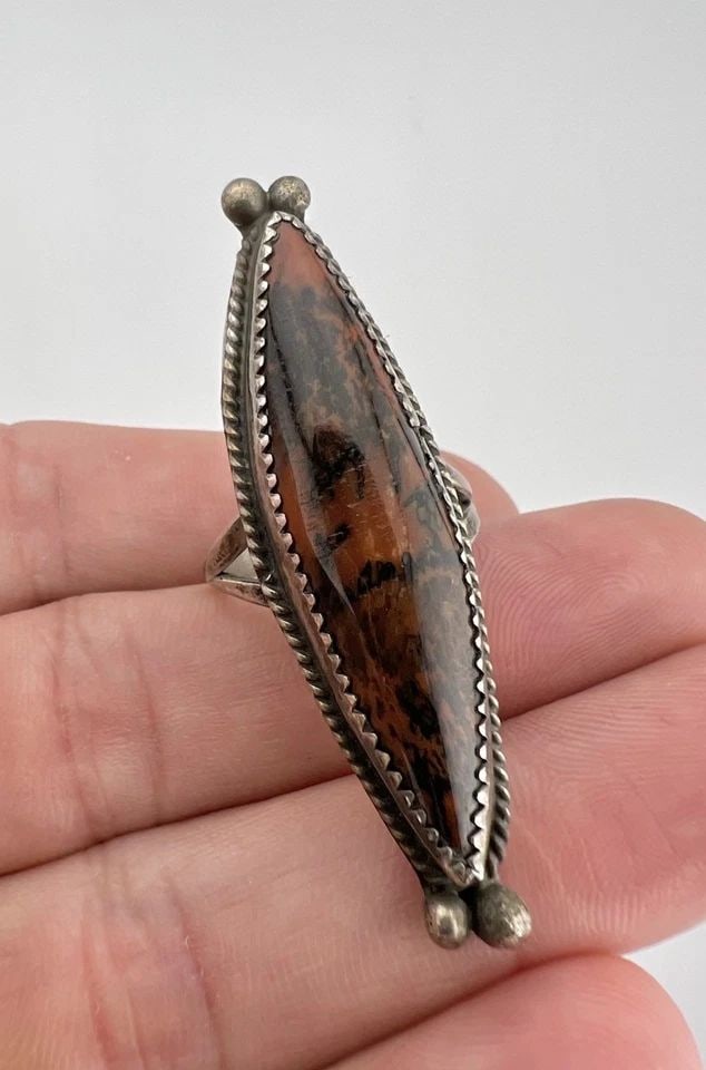 HUGE OLD FRED HARVEY ERA NAVAJO PETRIFIED WOOD AGATE STERLING SILVER RING 2" (1 of 2)