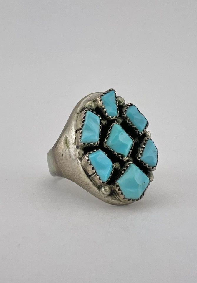 VTG G&L LEEKITY ZUNI STERLING SILVER CARVED BLUE TURQUOISE INGOT MEN'S RING (1 of 2)