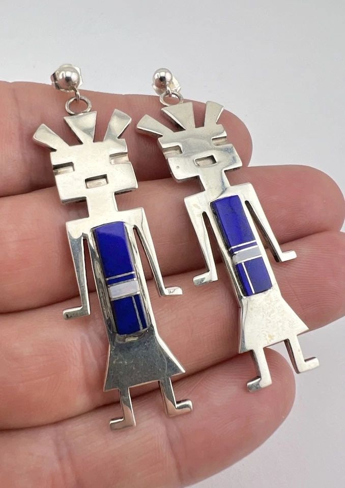 VTG J. NELSON NAVAJO STERLING SILVER LAPIS & OPAL KACHINA POST EARRINGS 2 3/8": VTG J. NELSON NAVAJO STERLING SILVER LAPIS & OPAL KACHINA POST EARRINGS 2 3/8" Vtg J. Nelson Navajo Sterling Silver Natural Blue Lapis Lazuli & Opal Kachina Post Earrings 2 3/8" Size: 2 3/8" Tall With