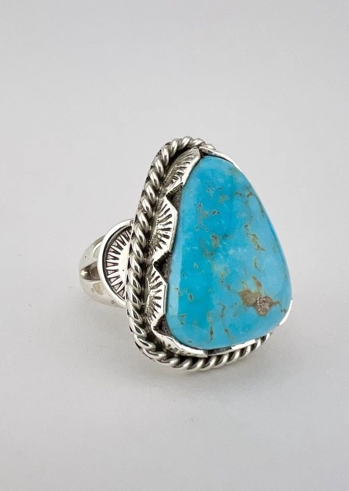 VTG NAVAJO STERLING SILVER HIGH GRADE BLUE GEM TURQUOISE STAMPED TRIANGLE RING: VTG NAVAJO STERLING SILVER HIGH GRADE BLUE GEM TURQUOISE STAMPED TRIANGLE RING Vtg Navajo Sterling Silver High Grade Blue Gem Turquoise Stamped Triangle Ring Ring Size: 9 - Can Be Resized Weight is 12