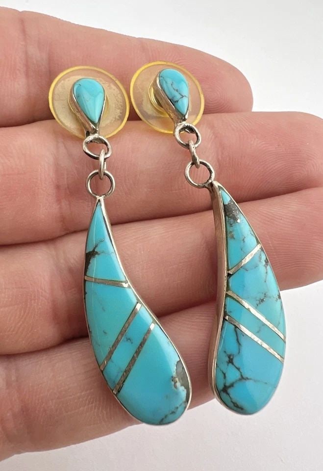 VTG NAVAJO STERLING SILVER TURQUOISE FLUSH INLAY TEARDROP DANGLE EARRINGS 2 1/8" (1 of 2)
