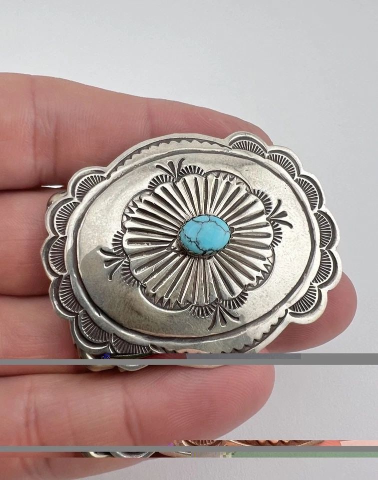 VTG NAVAJO STERLING SILVER DEEP STAMPED WEBBED TURQUOISE WOMEN'S BELT BUCKLE 2" (1 of 2)