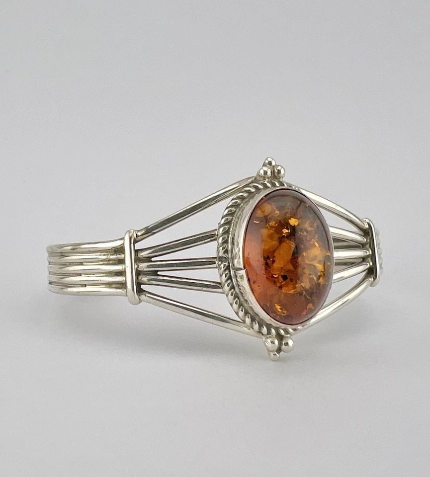 VINTAGE NAVAJO STERLING SILVER BALTIC HONEY AMBER 5 SHANK CUFF BRACELET (1 of 2)