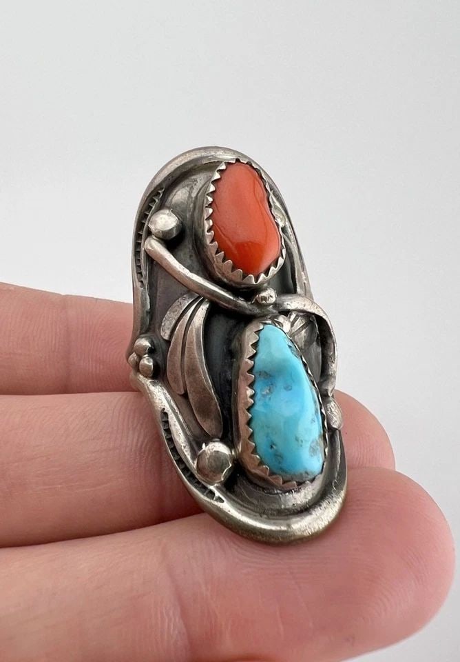 VTG NAVAJO STERLING SILVER TURQUOISE & CORAL STAMPED WIDE KNUCKLE RING 1 5/8" (1 of 2)