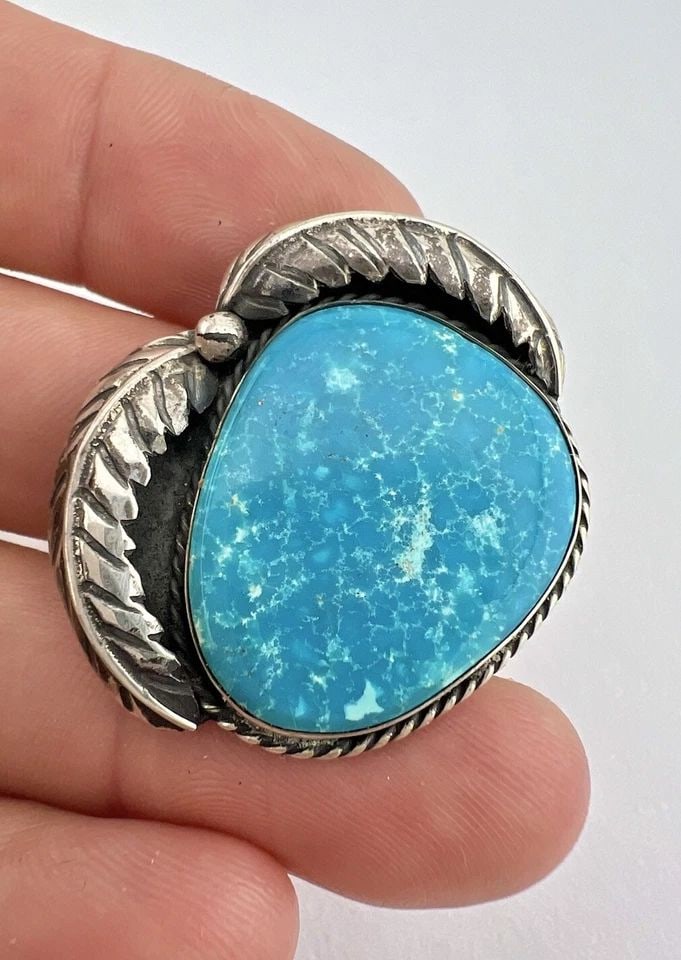 VTG NAVAJO STERLING SILVER NEVADA BLUE FOX TURQUOISE STAMPED BROOCH PIN 1.5" (1 of 2)