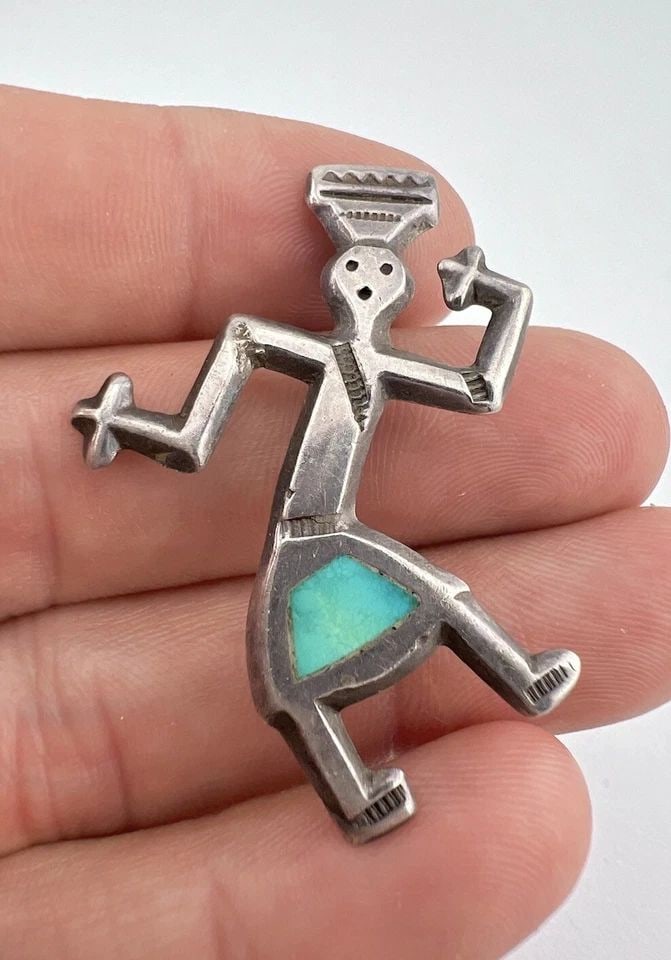 VTG NAVAJO STERLING SILVER SAND CAST KACHINA FLUSH INLAY TURQUOISE PIN BROOCH (1 of 2)