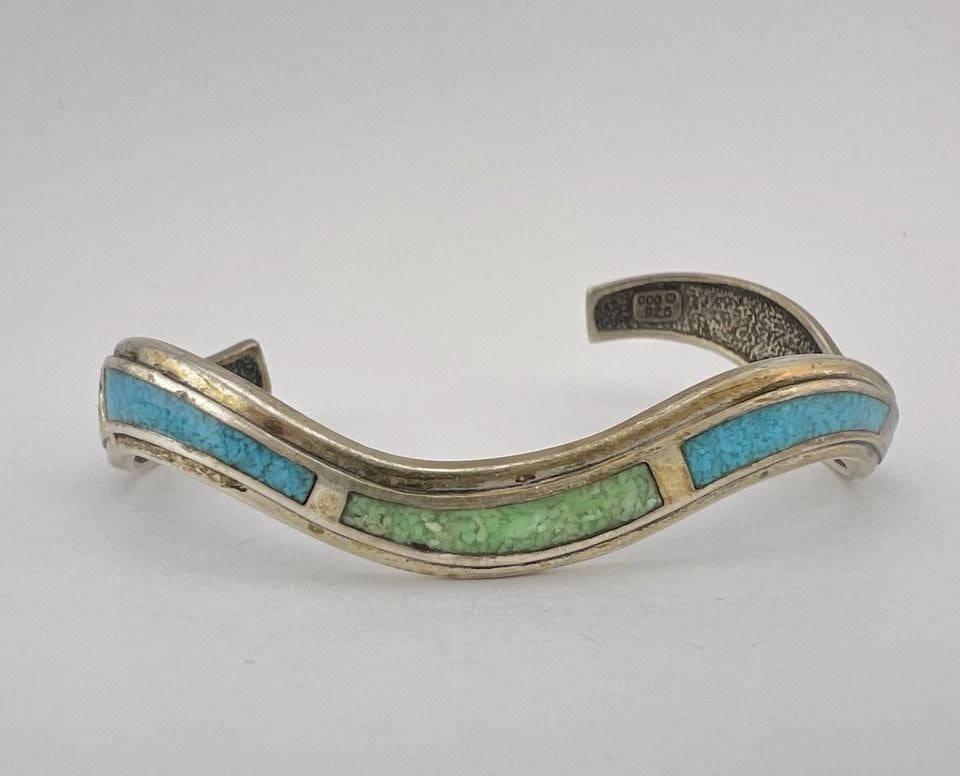 VTG SOUTHWESTERN STERLING SILVER CHIP INLAY TURQUOISE ZIG ZAG CUFF BRACELET (1 of 2)