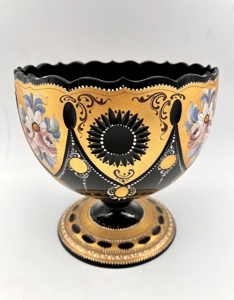 ANTIQUE BLACK AMETHYST GLASS ITALIAN MURANO HAND PAINTED 24K FLORAL COMPOTE (1 of 2)