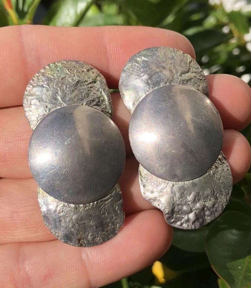 VTG MODERNIST MID CENTURY STUDIO STERLING SILVER DISK ROUND POST EARRINGS (1 of 2)