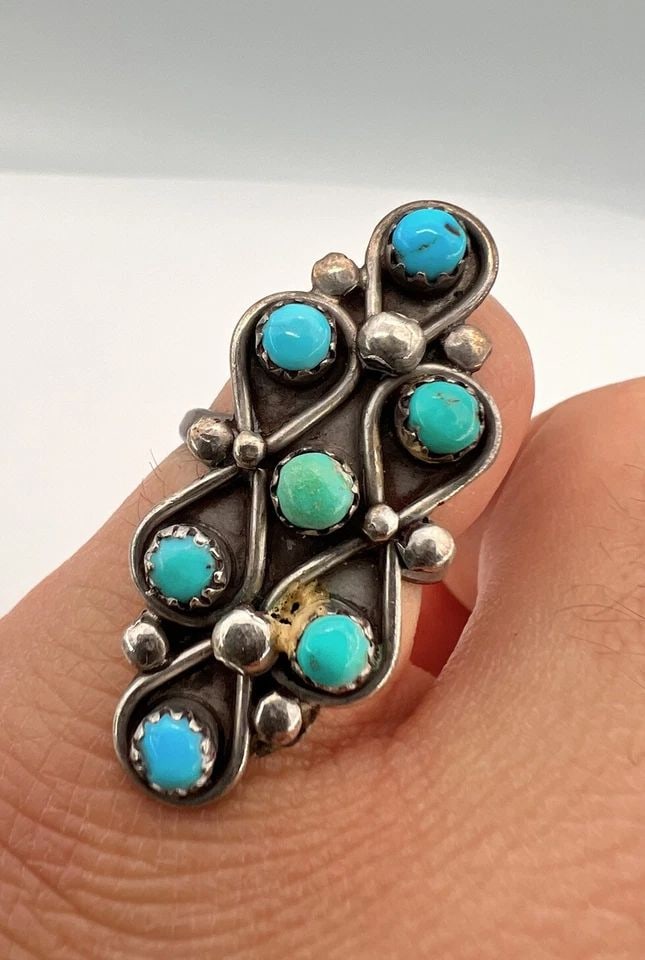 VINTAGE ZUNI STERLING SILVER PETIT POINT BLUE TURQUOISE CLUSTER LONG RING 1.5" (1 of 2)