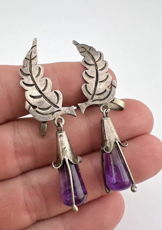 VINTAGE TAXCO MEXICO STERLING SILVER AMETHYST SCREW BACK FLORAL EARRINGS 2.25" (1 of 2)