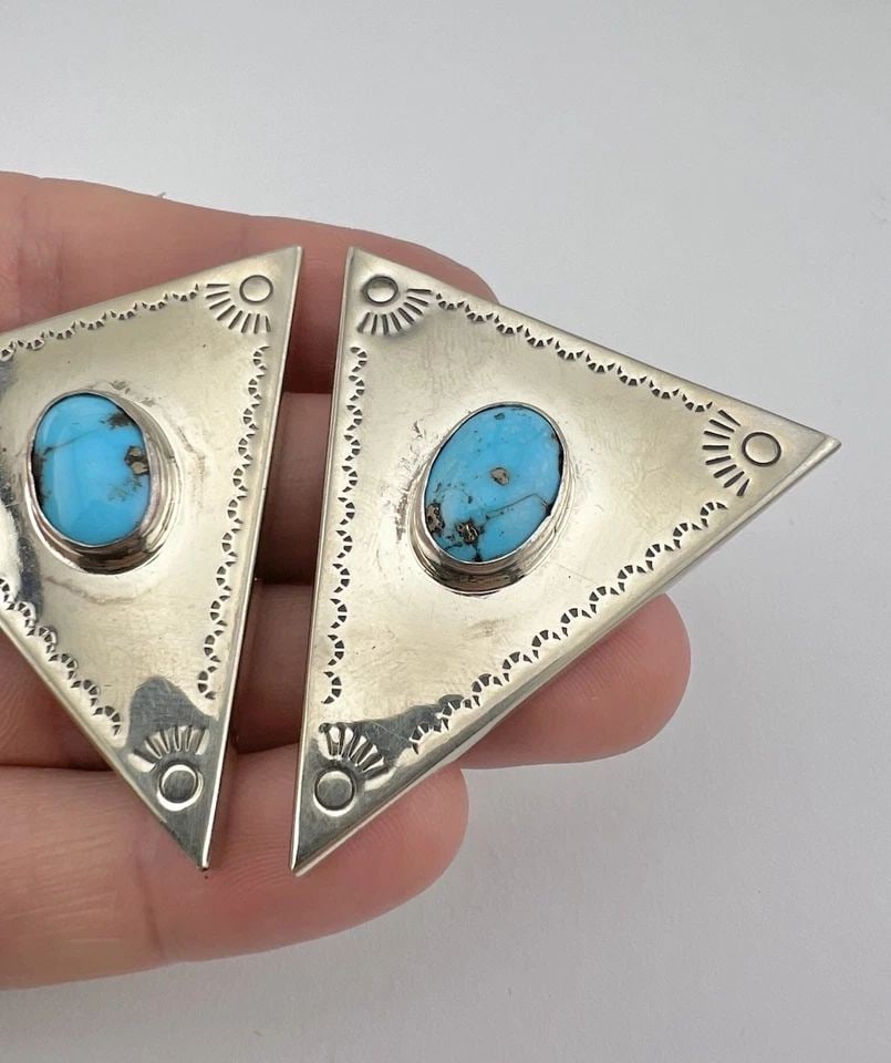 HUGE VTG NAVAJO STERLING / NICKEL SILVER MORENCI TURQUOISE STAMPED COLLAR TIPS (1 of 2)