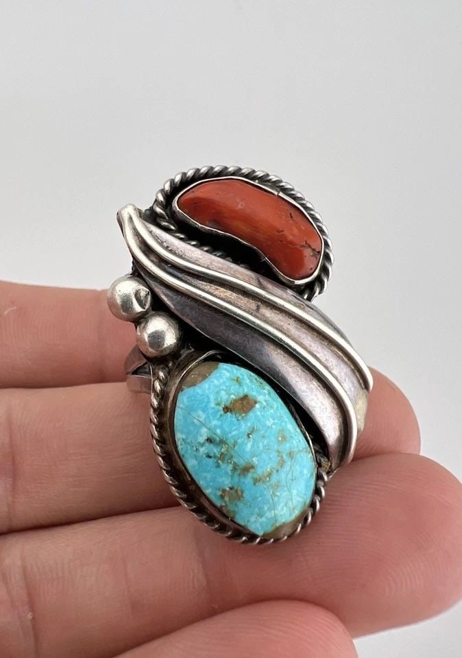 VINTAGE NAVAJO STERLING SILVER BLUE FOX TURQUOISE & RED CORAL STAMPED RING 1.5": VINTAGE NAVAJO STERLING SILVER BLUE FOX TURQUOISE & RED CORAL STAMPED RING 1.5" Vintage Navajo Sterling Silver Blue Fox Turquoise & Red Coral Stamped Ring 1.5" Ring Size: 8.75 - Can Be Re Sized Weight