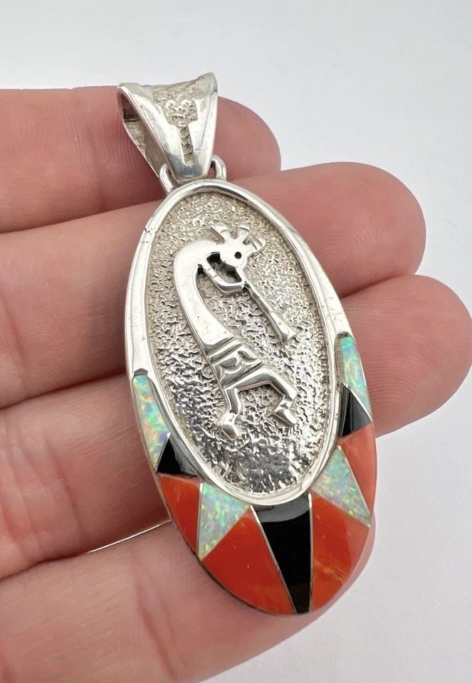 RICK TOLINO NAVAJO STERLING SILVER CORAL & OPAL & JET KOKOPELLI PENDANT 2.25" (1 of 2)
