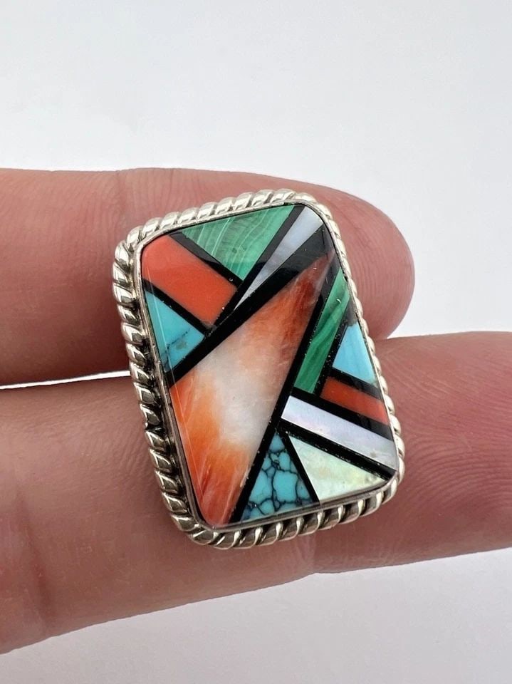VTG DOUG ZACHARY NAVAJO STERLING SILVER MULTI GEMSTONE RECTANGLE PENDANT 1" (1 of 2)