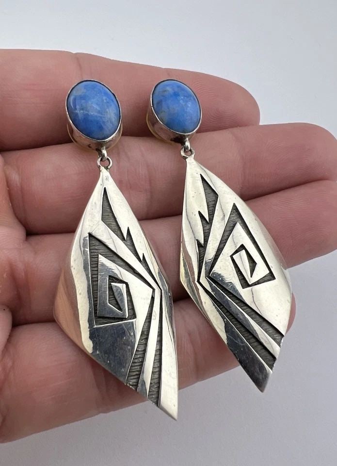 NAVAJO STERLING SILVER NATURAL DENIM BLUE LAPIS OVERLAY DANGLE EARRINGS 2 3/8" (1 of 2)