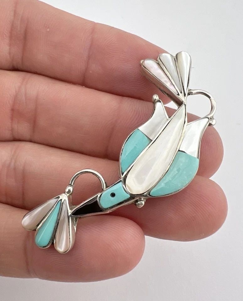 VTG ZUNI STERLING SILVER MULTI GEMSTONE WATERBIRD BROOCH PIN PENDANT 2.25" (1 of 2)