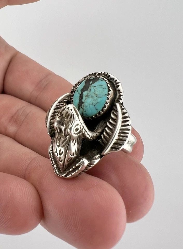VINTAGE NAVAJO STERLING SILVER KINGMAN TURQUOISE 3D TOAD FROG STAMPED RING (1 of 2)