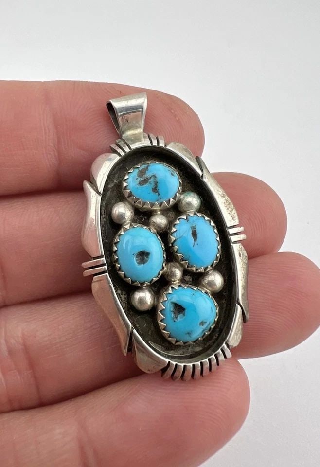 VTG NAVAJO STERLING SILVER SLEEPING BEAUTY TURQUOISE STAMPED PENDANT 1 5/8" (1 of 2)