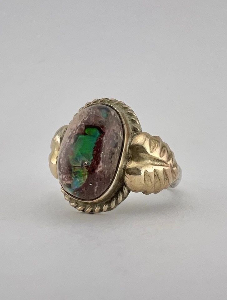 #2 VTG NAVAJO STERLING SILVER & GOLD-FILLED MEXICAN FIRE AGATE STAMPED OVAL RING (1 of 2)