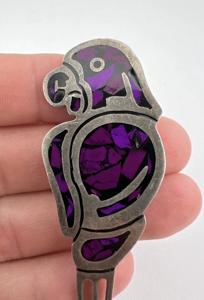 3" VTG TAXCO MEXICO STERLING SILVER PURPLE GEMSTONE PARROT BROOCH PENDANT 14.1G (1 of 2)