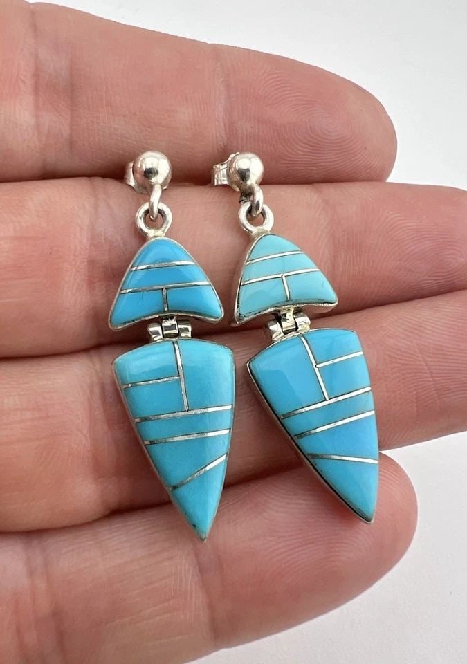 VINTAGE NAVAJO STERLING SILVER TURQUOISE FLUSH INLAY DANGLE EARRINGS 1.5" (1 of 2)