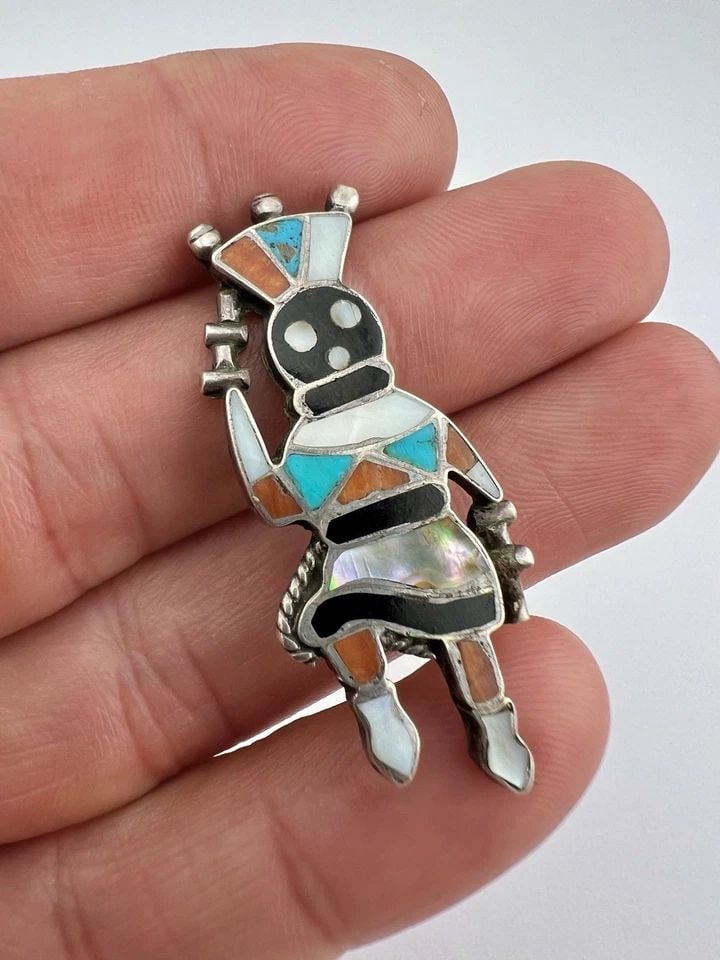 EARLY OLD ZUNI APACHE GAN DANCER GAHN FLUSH MOSAIC INLAY PIN BROOCH 1 5/8" (1 of 2)