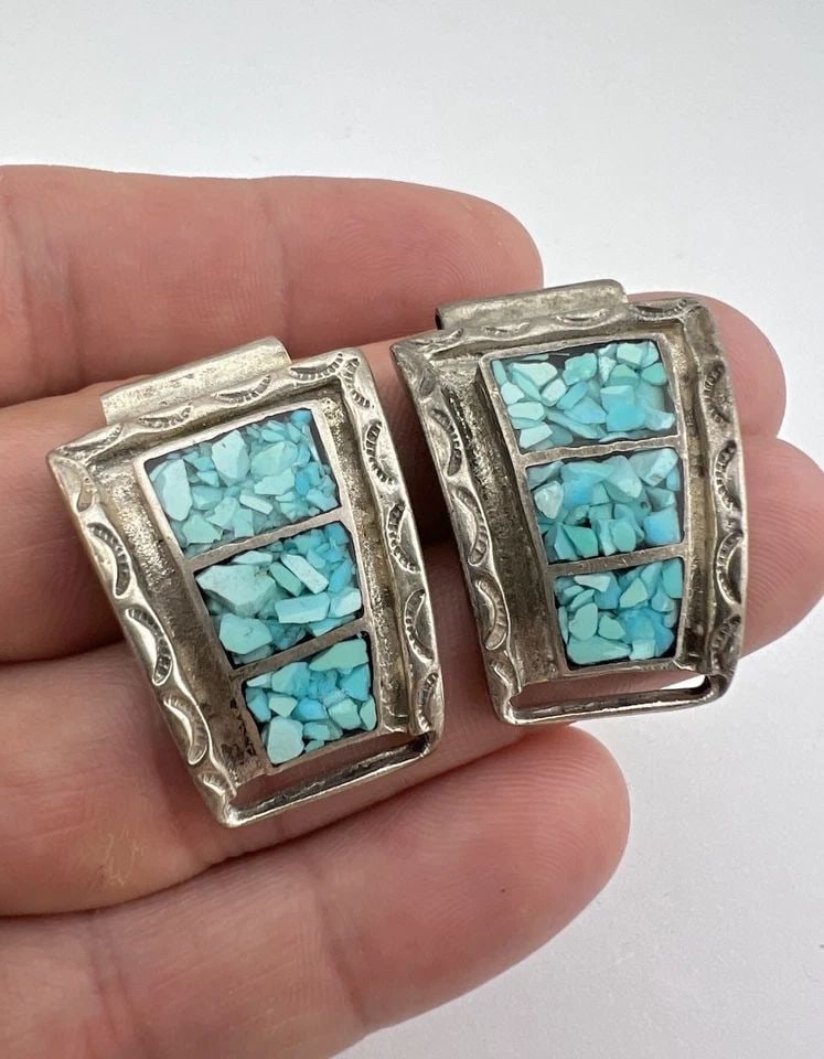VTG NAVAJO STERLING SILVER CRUSHED CHIP INLAY TURQUOISE MEN'S WATCH TIPS 20G (1 of 2)