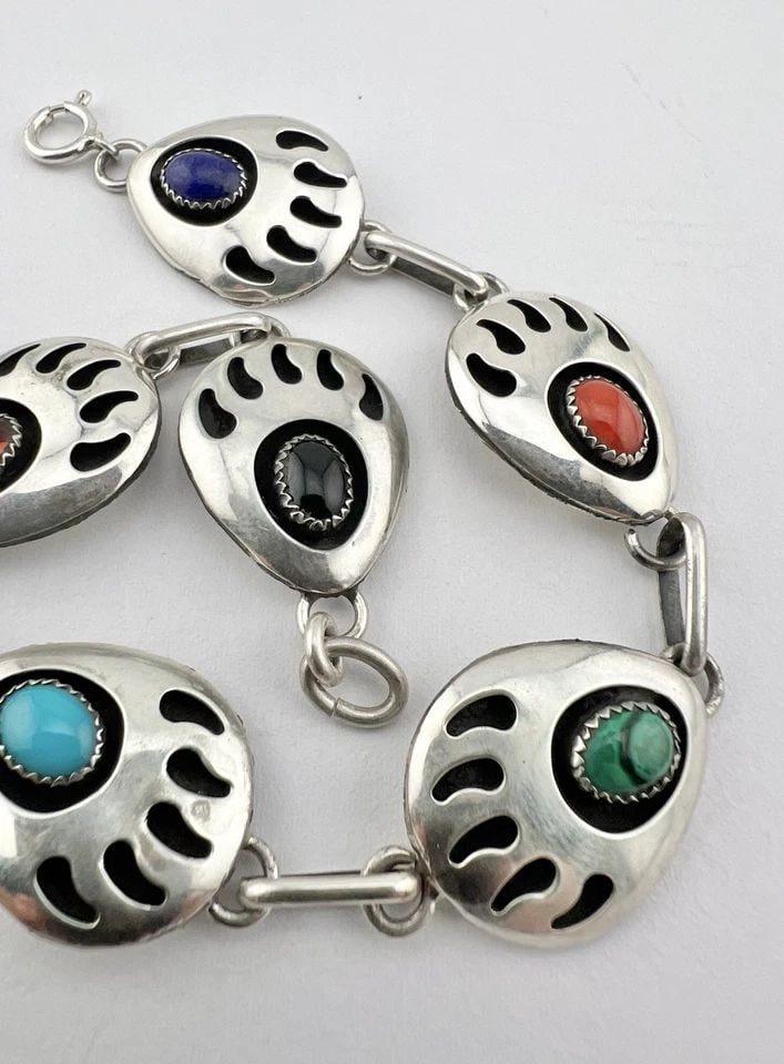 VTG NAVAJO STERLING SILVER MULTI GEMSTONE BEAR PAW SHADOWBOX LINK BRACELET (1 of 2)