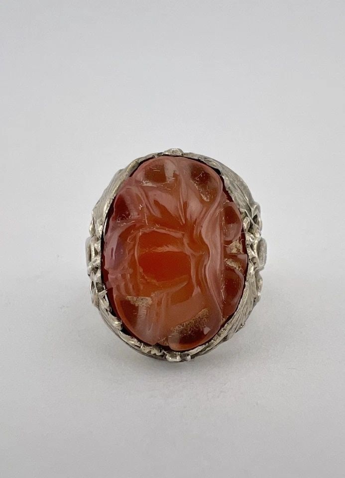 ANTIQUE CHINESE EXPORT SILVER ORNATE CARVED FLOWER CARNELIAN PHOENIX BIRD RING (1 of 2)