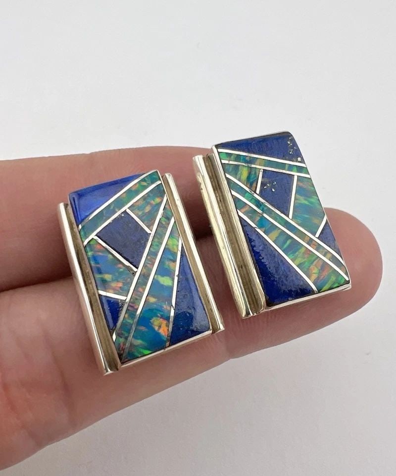 VTG NAVAJO STERLING SILVER FIRE OPAL & LAPIS LAZULI FLUSH POST EARRINGS (1 of 2)