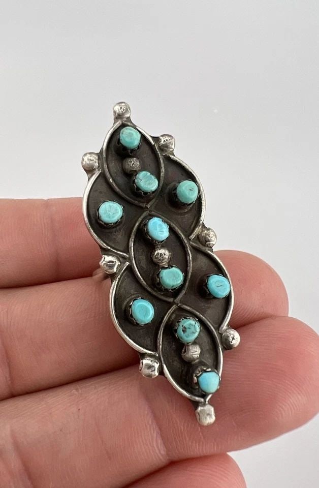VTG ZUNI STERLING SILVER PETIT POINT SNAKE EYE TURQUOISE CLUSTER RING 1 7/8" (1 of 2)