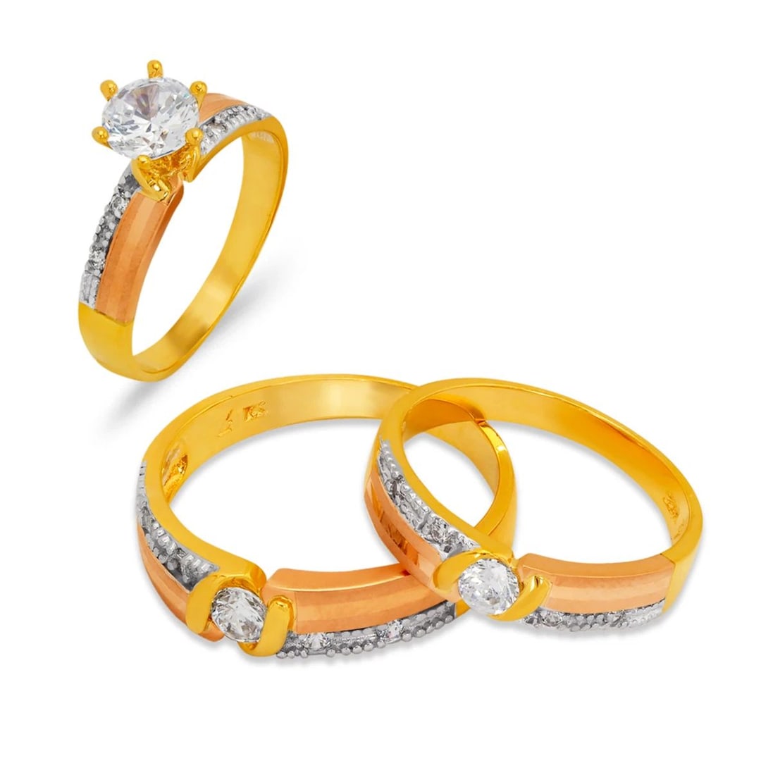 NEW 14K TRI COLOR GOLD WEDDING TRIO RING SET: NEW 14K TRI COLOR GOLD WEDDING TRIO RING SET 14K Tricolor Gold Ladies band and engagement ring is size 7 Men's ring is size 10 Rings Also Sold Separately Available in Yellow and White Gold Weight: 9.0