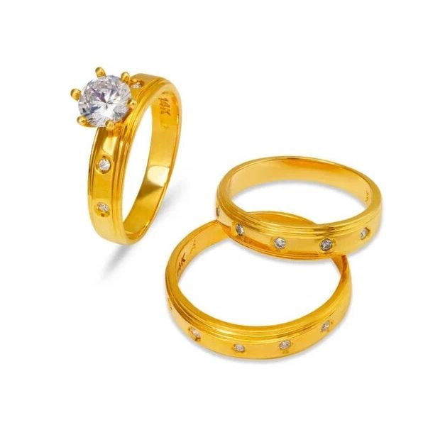 NEW 14K YELLOW GOLD WEDDING TRIO RING SET: NEW 14K YELLOW GOLD WEDDING TRIO RING SET 14K Yellow Gold Ladies band and engagement ring is size 7 Men's ring is size 10 Rings Also Sold Separately Available in White Gold Weight: 8.1 Grams