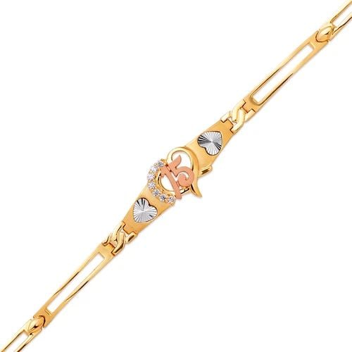 NEW 14K TRICOLOR GOLD FANCY 15 ANOS BRACELET: NEW 14K TRICOLOR GOLD FANCY 15 ANOS BRACELET FANCY 15 ANOS BRACELET NEW 14K TRICOLOR GOLD LENGTH: 7" inch AVERAGE Apx WEIGHT: 9.2g