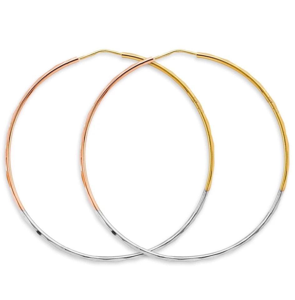 NEW 14K TRI COLOR GOLD 1.5MM FACETED ROUND HOOP EARRINGS (55MM): NEW 14K TRI COLOR GOLD 1.5MM FACETED ROUND HOOP EARRINGS (55MM) 1.5MM FACETED ROUND HOOP EARRINGS (55MM) NEW 14K TRI COLOR GOLD HEIGHT - 60 mm WIDTH - 60 mm Apx WEIGHT - 5.3 g