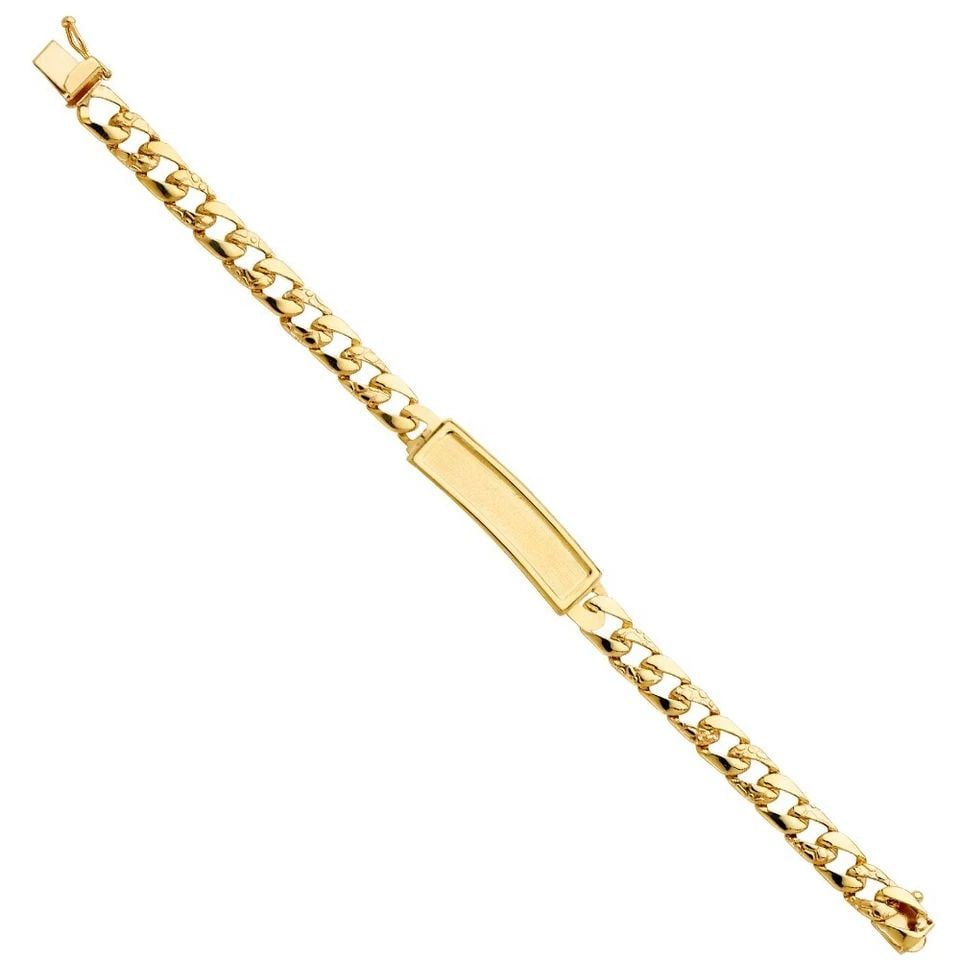 NEW 14K YELLOW GOLD STAMP NUGGET CURB LINK F BABY ID BRACELET: NEW 14K YELLOW GOLD STAMP NUGGET CUBAN LINK F BABY ID BRACELET STAMP NUGGET CUBAN LINK F BABY ID BRACELET NEW 14K YELLOW GOLD LENGTH - 6in Apx WEIGHT - 6.7g