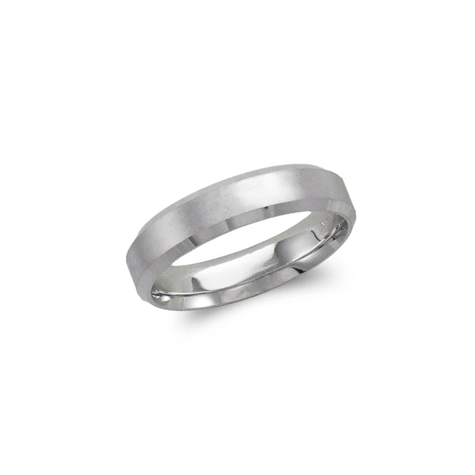 NEW 14K WHITE GOLD 5MM BEVELED WHITE WEDDING BAND: NEW 14K WHITE GOLD 5MM BEVELED WHITE WEDDING BAND 5MM BEVELED WHITE WEDDING BAND NEW 14K WHITE GOLD SIZE Apx: 5mm WEIGHT: 5.5g