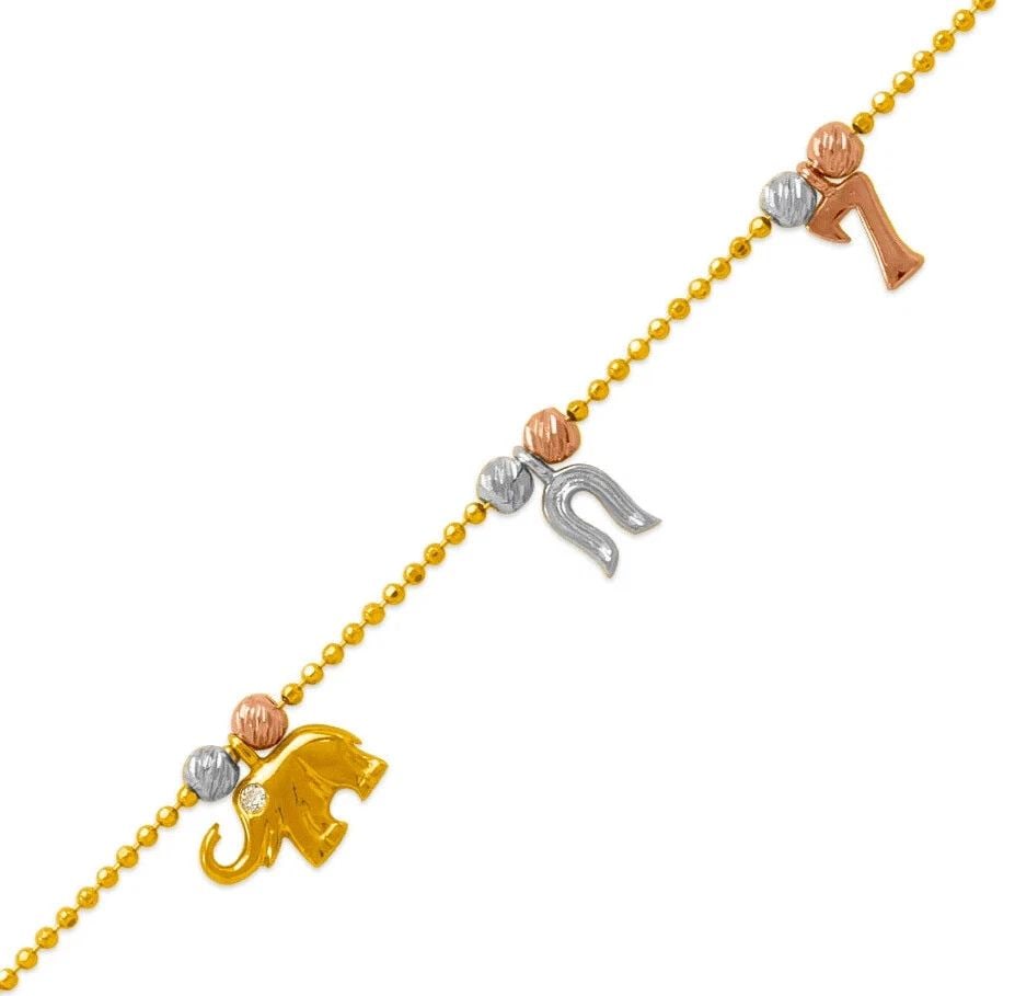 NEW 14K TRI COLOR GOLD ELEPHANT HORSESHOE CHARM ANKLET: NEW 14K TRI COLOR GOLD CHARM ANKLET 14K Tri color Gold Approx. 1.2mm Link Approx. 9mm Charm 10" Long High Polished/Diamond Cut Lobster Lock Weight: 4.4 Grams