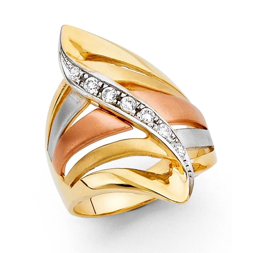 NEW 14K TRI COLOR GOLD FANCY RING - SIZE 7: NEW 14K TRI COLOR GOLD FANCY RING FANCY RING NEW 14K TRI COLOR GOLD WIDTH : 27 mm WEIGHT : 6.4g