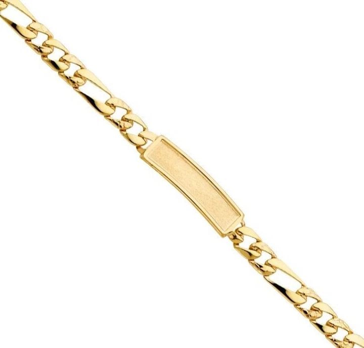 NEW 14K YELLOW GOLD STAMP NUGGET FIGARO LINK F BABY ID BRACELET: NEW 14K YELLOW GOLD STAMP NUGGET FIGARO LINK F BABY ID BRACELET STAMP NUGGET FIGARO LINK F BABY ID BRACELET NEW 14K YELLOW GOLD LENGTH - 6in Apx WEIGHT - 6.2g