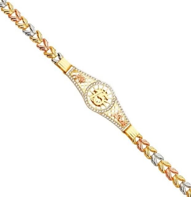 NEW 14K TRI COLOR GOLD 15 YEARS ID BRACELET: NEW 14K TRI COLOR GOLD 15 YEARS ID BRACELET 15 YEARS ID BRACELET NEW 14K TRI COLOR GOLD LENGTH - 7.5in Apx WEIGHT - 6.2g