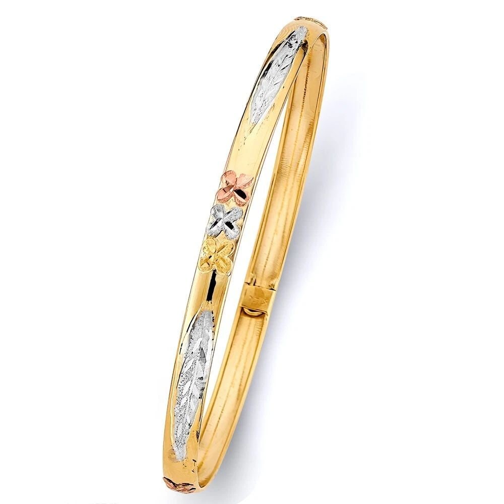 NEW 14K TRI COLOR GOLD 5MM FLEXIBLE BANGLE WITH FLOWER: NEW 14K TRI COLOR GOLD 5MM FLEXIBLE BANGLE WITH FLOWER FLEXIBLE BANGLE WITH FLOWER NEW 14K TWO TONE GOLD LENGTH - 7in Apx WEIGHT - 4.6g .