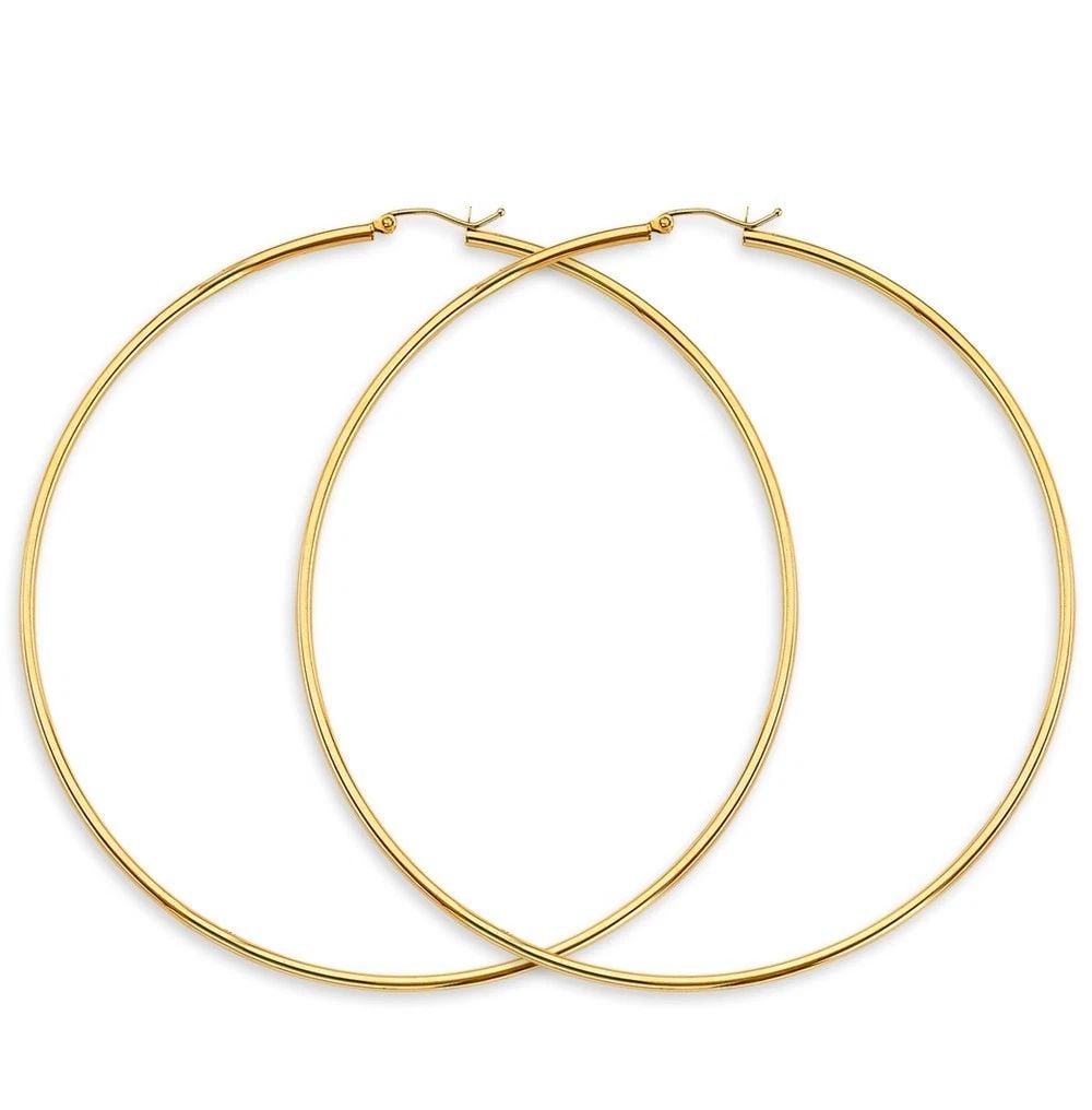 NEW 14K YELLOW GOLD 2MM BIG ROUND TUBE POLISH HOOP EARRINGS: NEW 14K YELLOW GOLD 2MM BIG ROUND TUBE POLISH HOOP EARRINGS 2MM BIG ROUND TUBE POLISH HOOP EARRINGS NEW 14K YELLOW GOLD HEIGHT - 90 mm WIDTH - 90 mm Apx WEIGHT - 4.4 g