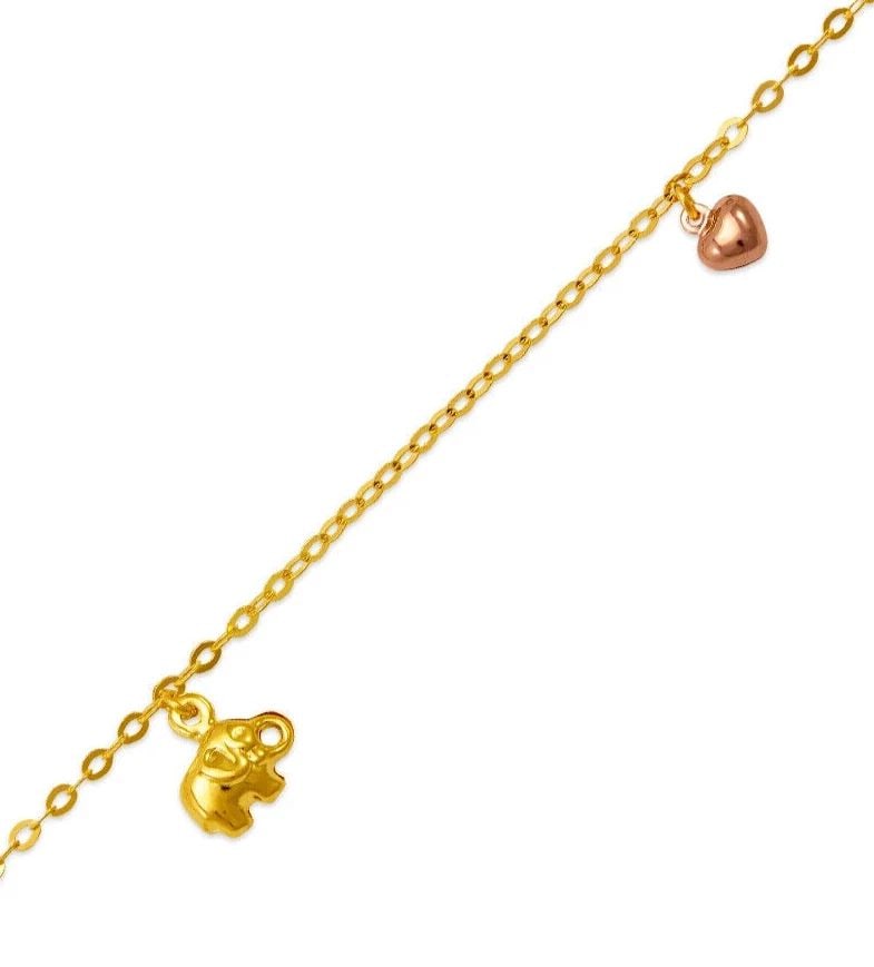 NEW 14K TRI COLOR GOLD ELEPHANT/HEART CHARM ANKLET: NEW 14K TRI COLOR GOLD ELEPHANT/HEART CHARM ANKLET 14K Tri color Gold Approx. 2.0mm Bracelet, 10mm Charms High Polished Lobster Lock Weight: 2.8 Grams