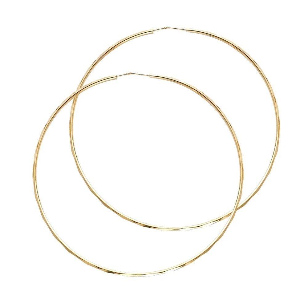 NEW 14K YELLOW GOLD 1.5MM FACETED ROUND TUBE HOOP EARRINGS (55MM): NEW 14K YELLOW GOLD 1.5MM FACETED ROUND TUBE HOOP EARRINGS (55MM) 1.5MM FACETED ROUND TUBE HOOP EARRINGS (55MM) NEW 14K YELLOW GOLD HEIGHT - 55 mm WIDTH - 55 mm Apx WEIGHT - 4.3 g