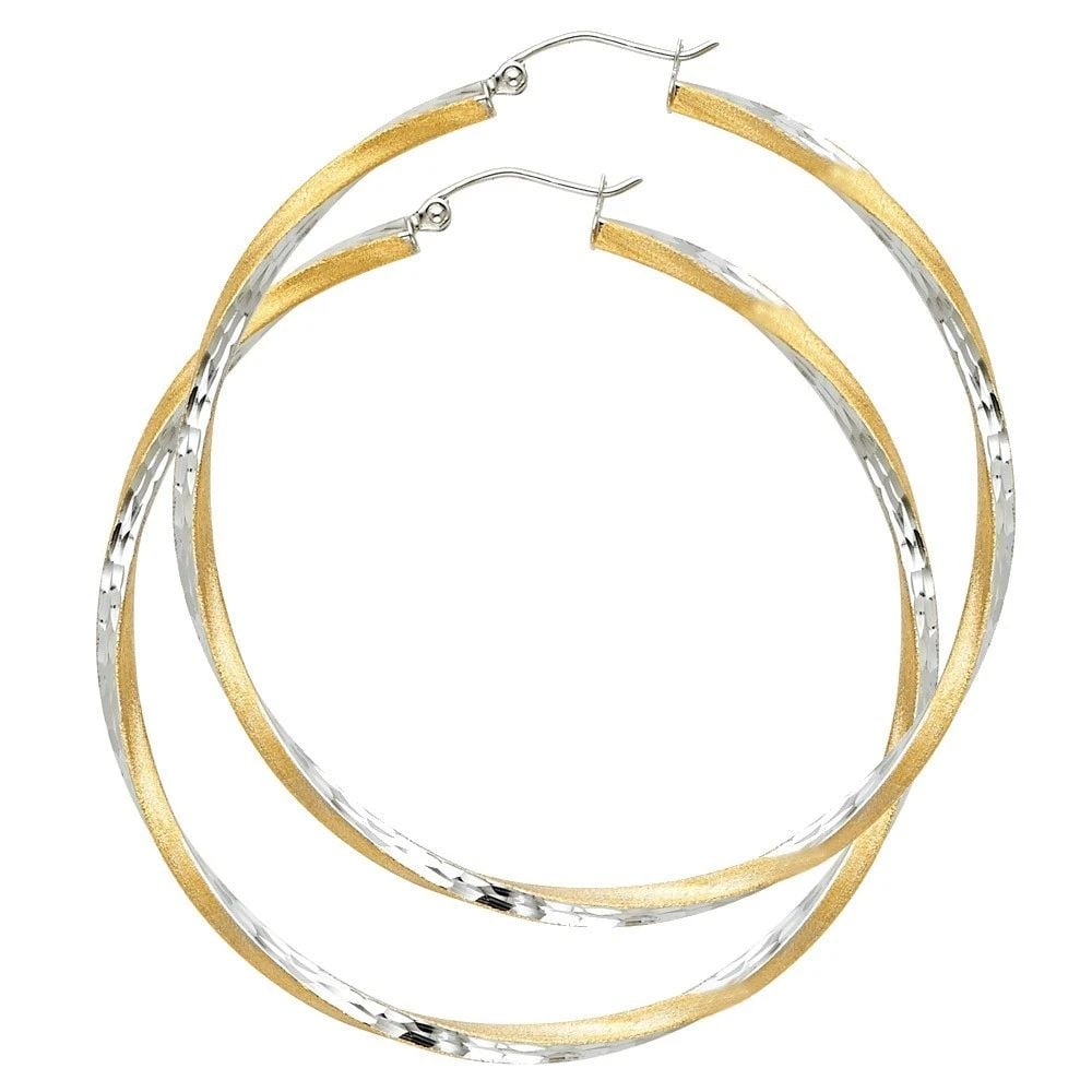 NEW 14K TWO TONE GOLD SF DC 2.6MM SWIRL HOOP EARRINGS (55MM) (1 of 2)